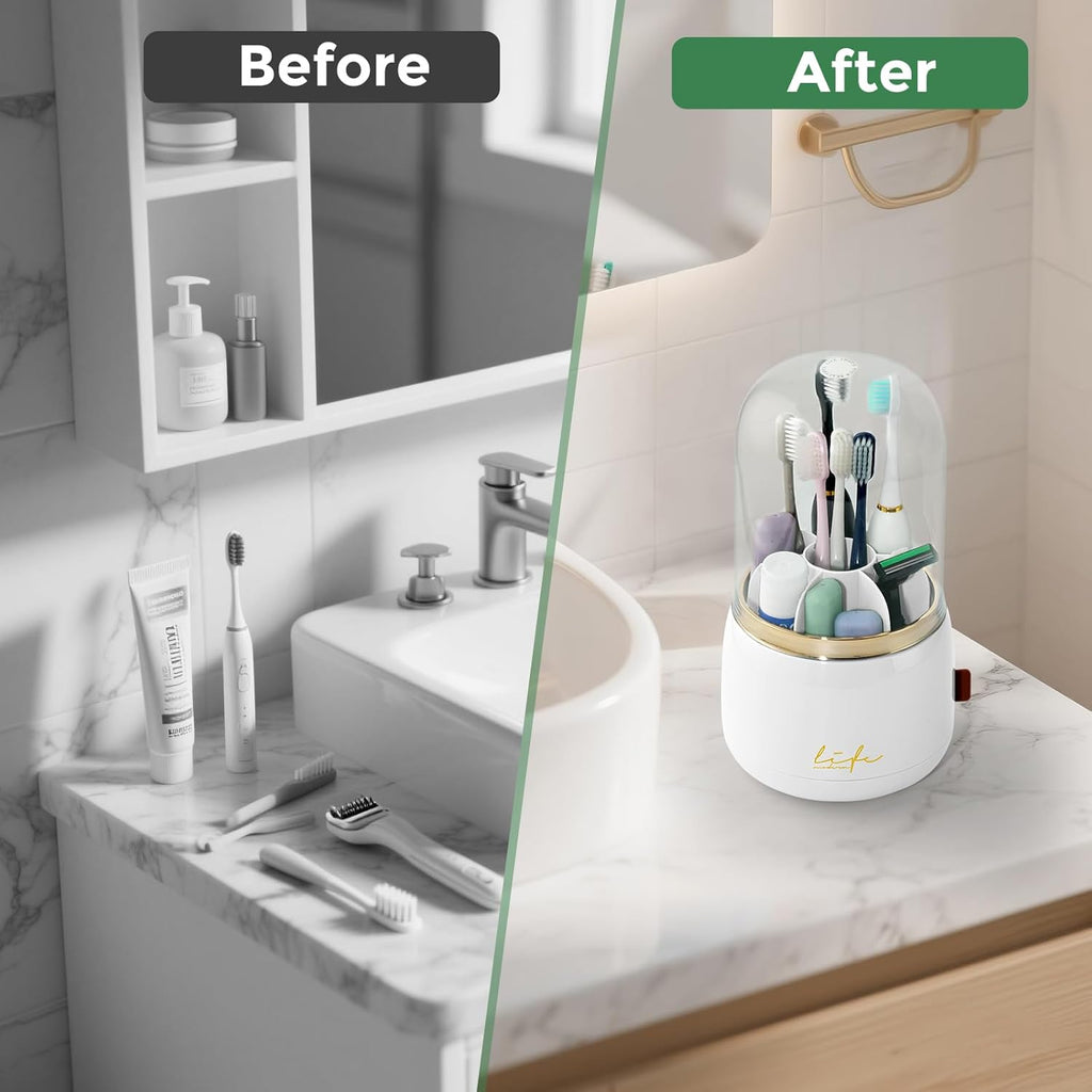 Toothbrush Holders for Bathrooms, Rotating 7 Slots Toothbrush Holder with Cover, Kids Electric Toothbrush and Toothpaste Holders for Caddy for Bathroom Vanity, Sink, Countertop, White