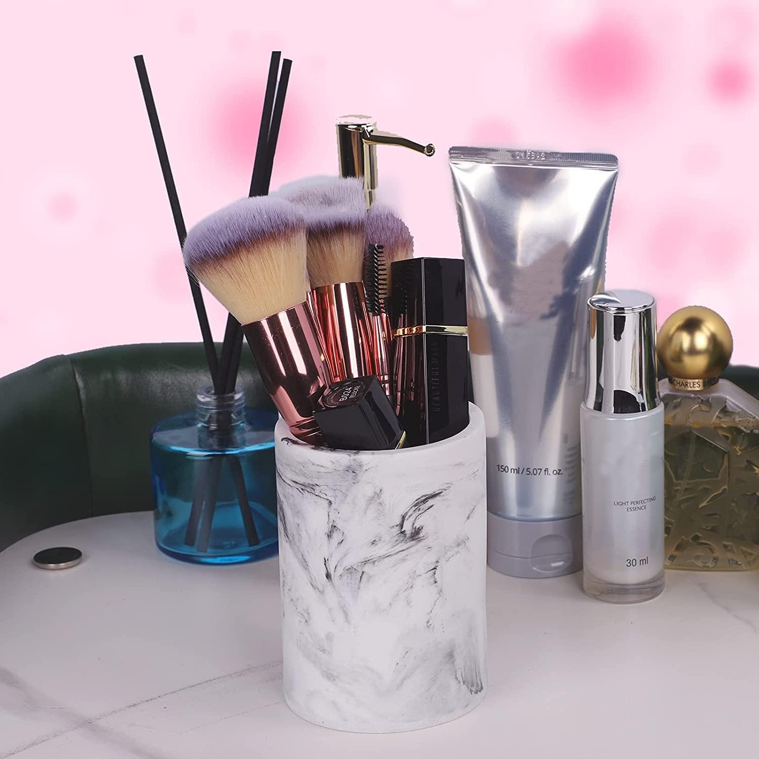 ZCCZ Toothbrush Holder for Bathroom Marble Look, Electric Toothbrush and Toothpaste Organizer, Makeup Brushes Razor Stand, White Marble Design Cup for Countertop Storage and Bathroom Accessories