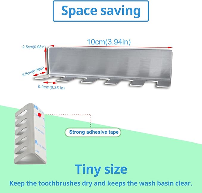 Wall Mounted Toothbrush Holder, Stainless Steel Toothbrush Holder with Self-Adhesive No Drilling Toothbrush Organizer, Bathroom Mounted Holder for Toothbrush Head, Washroom Razor Holder