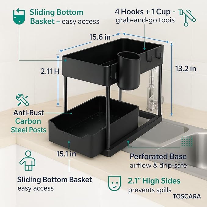 2-Tier Under Sink Organizer – Sliding Storage Rack with 4 Hooks & 1 Cup | Multi-Purpose Space Saving Shelf for Kitchen Cabinet, Countertop, Bathroom, Pantry & Office Organization, Black