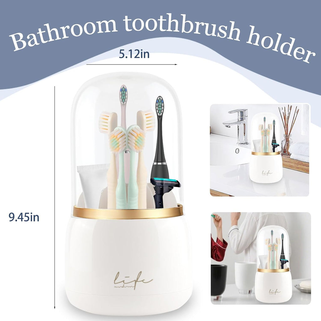 Toothbrush Holders for Bathrooms, 360° Rotating with Cover and Draining Water,Tooth Brush Toothpaste Holder Bathroom Counter Stand Sink Organizer Caddy for Vanity Makeup Brushes Holder