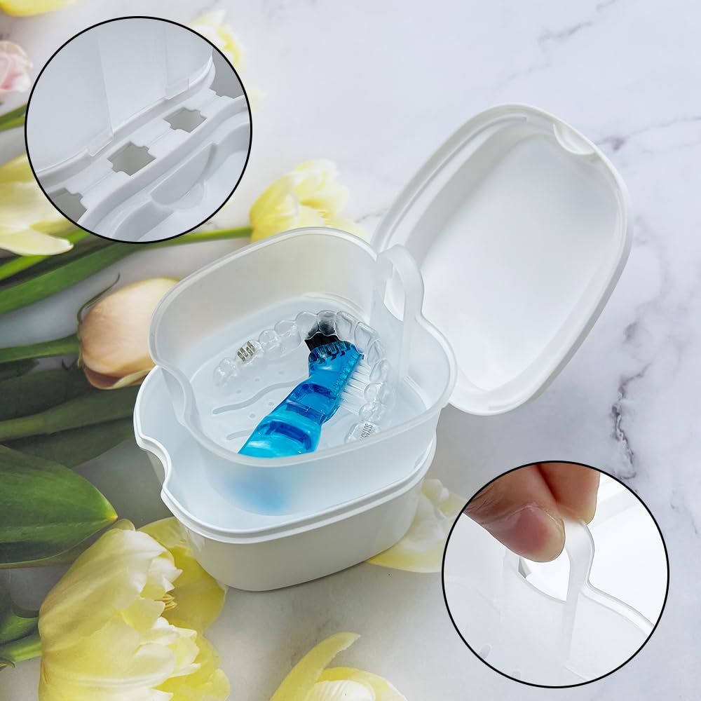 2pcs Denture Bath Retainer Case, Dentaure Cups for Soaking Dentures with Strainer Basket Tray,Compact and Pportable Design, Suitable for Traveling (Lake Blue+Pink)