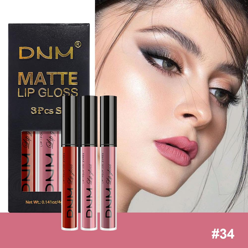 AMY'S DIARY 3Pcs Matte Liquid Lipstick Set, Classic Red Soft Pink Nude Rosewood Mauve Lip Stain Kit, LipStain Long Lasting 24 Non-Transfer Lip Gloss, Waterproof Lip Makeup for Women Lippies