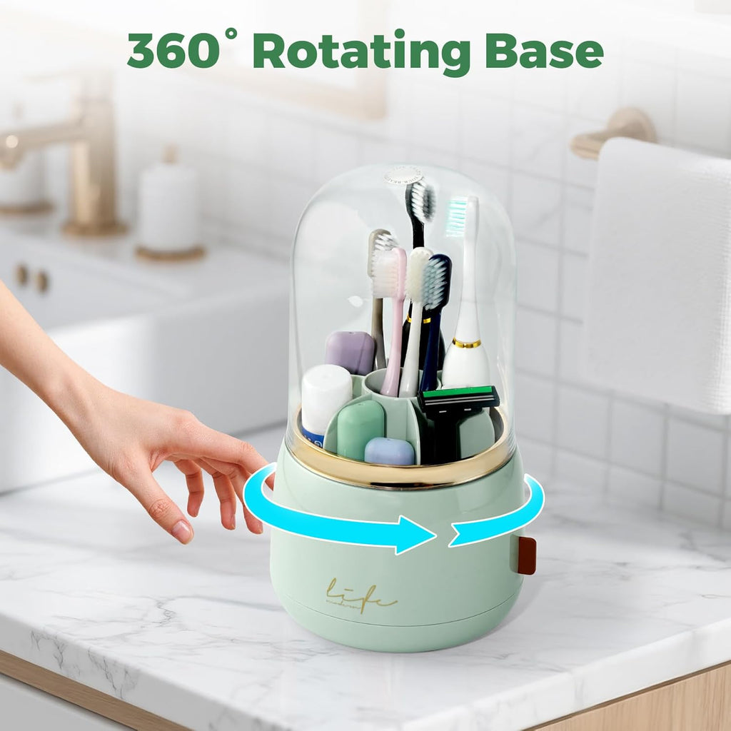 Toothbrush Holders for Bathrooms, Rotating 7 Slots Toothbrush Holder with Cover, Kids Electric Toothbrush and Toothpaste Holders for Caddy for Bathroom Vanity, Sink, Countertop, Light Green