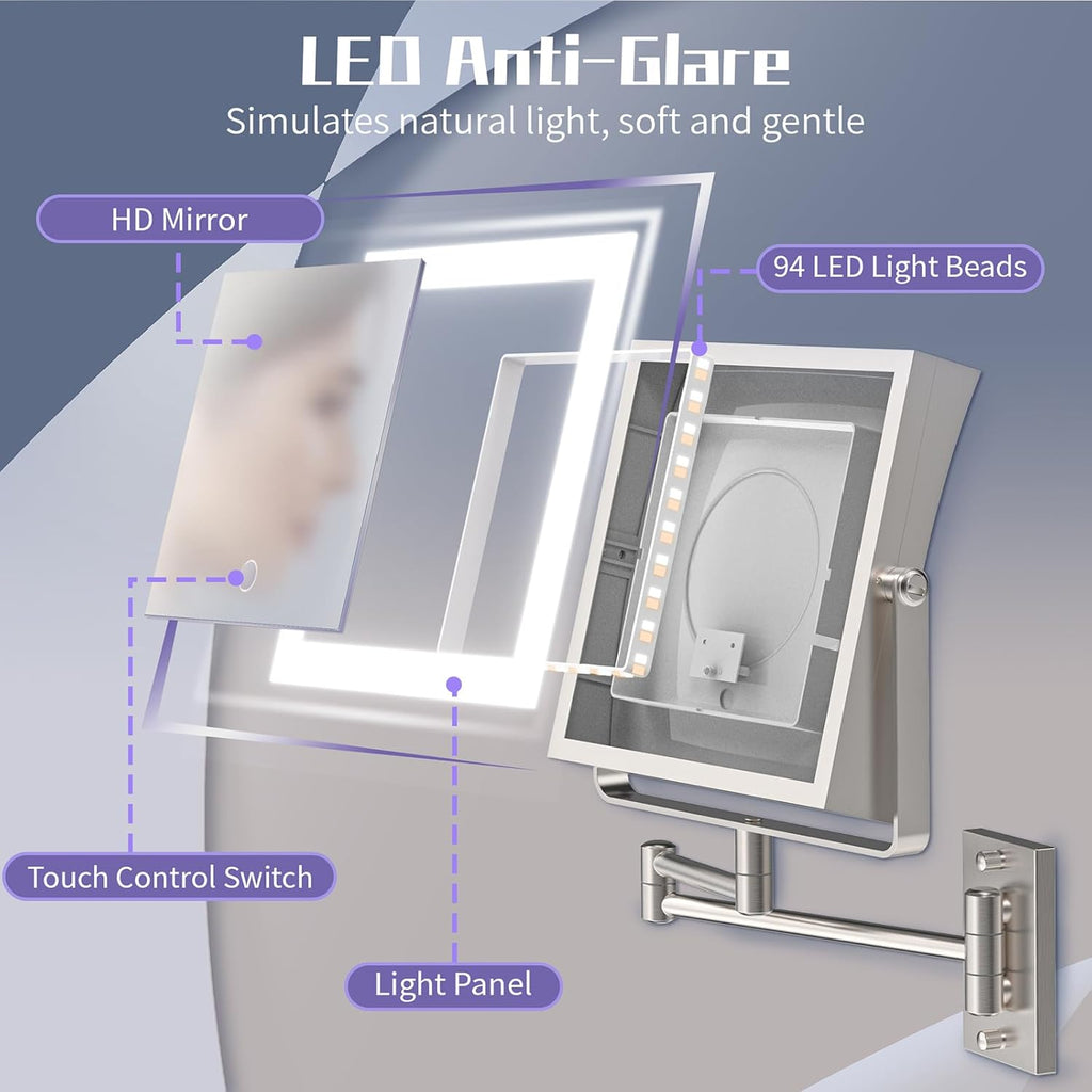 Wall Mounted Makeup Mirror with Lights 4000mAh Rechargeable Double Sided 1X/10X Magnifying Lighted Vanity Mirror with 3 Color Lights & Touch Dimmable 360° Rotation Extension Swing Arm for Bathroom