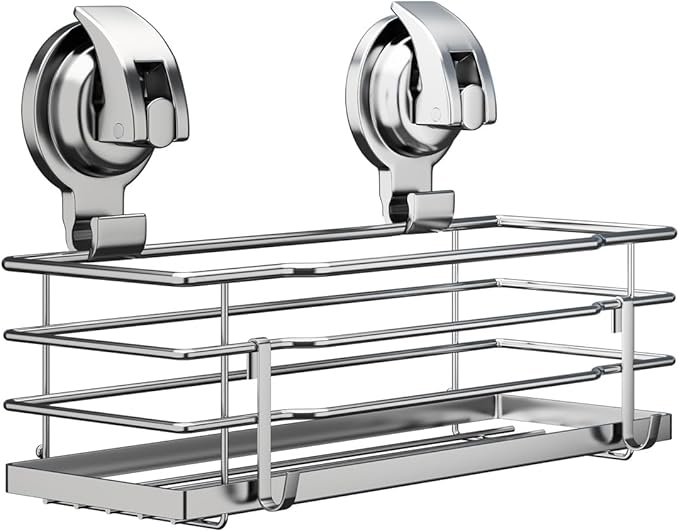 Suction Cup Shower Caddy, Shower Shelf Soap Dish with Hooks for Razor, Sponge, Rust Proof 304 Stainless Steel, Silver