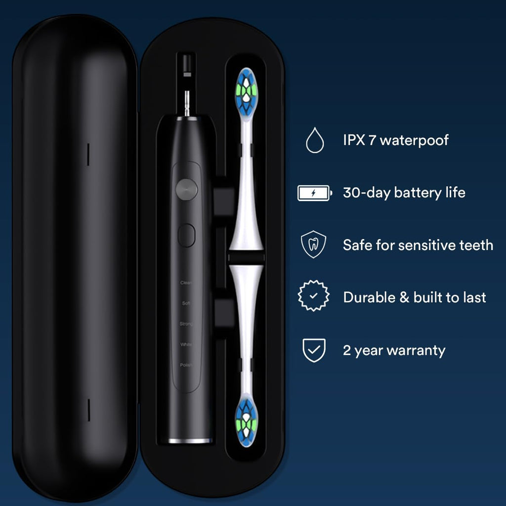 AURAGLOW Sonus Electric Toothbrush, 5 Cleaning Modes, 2 Brush Heads & Travel Case, 40,000 VPM Sonic Toothbrush & Wireless Charging, 30-Day Battery Life with Smart Timer, Black