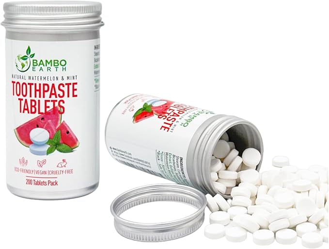 200 Pack Natural Toothpaste Tablet Bits - Chewable Mouthwash Whitening Burts Bees Bite Tablets for Teeth SLS & Fluoride Free Eco & Travel Friendly with Zero Waste Packaging - Mint & (Watermelon)