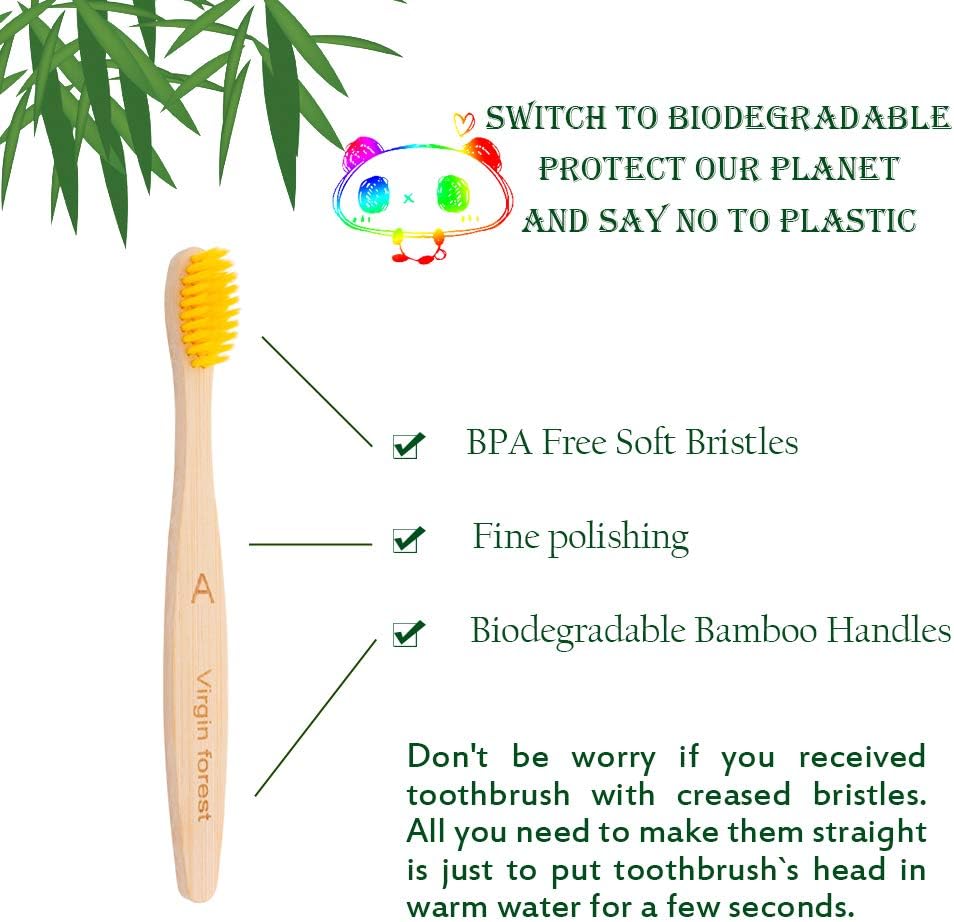 Virgin Forest Kids Bamboo Toothbrushes, Biodegradable Handle, BPA-Free Soft Bristles, Children Size Set of 4 (4 Colors)