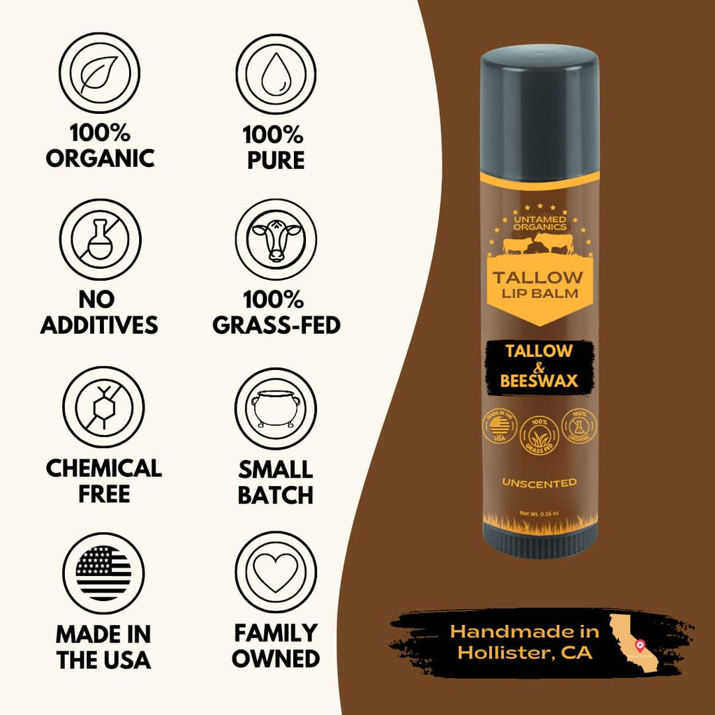 Pure Tallow Lip Balm | 100% Grass-Fed Beef Tallow and Organic Beeswax | Moisturizing Lip Care for Dry, Chapped Lips | Hypoallergenic, Fragrance-Free | Handcrafted in USA | 4-Pack