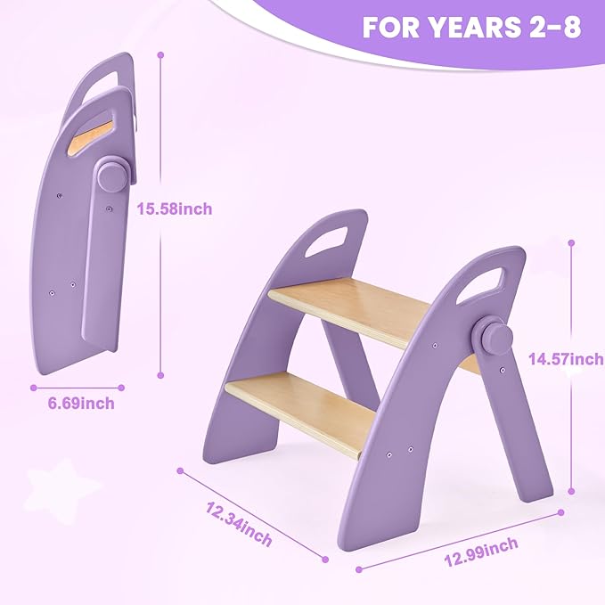 Wooden Step Stool, 300 lb. Load Capacity, with Safety Non-Slip Pads and Handles, Bamboo Step Stool for Bathroom and Kitchen, Gift for Christmas (Purple)