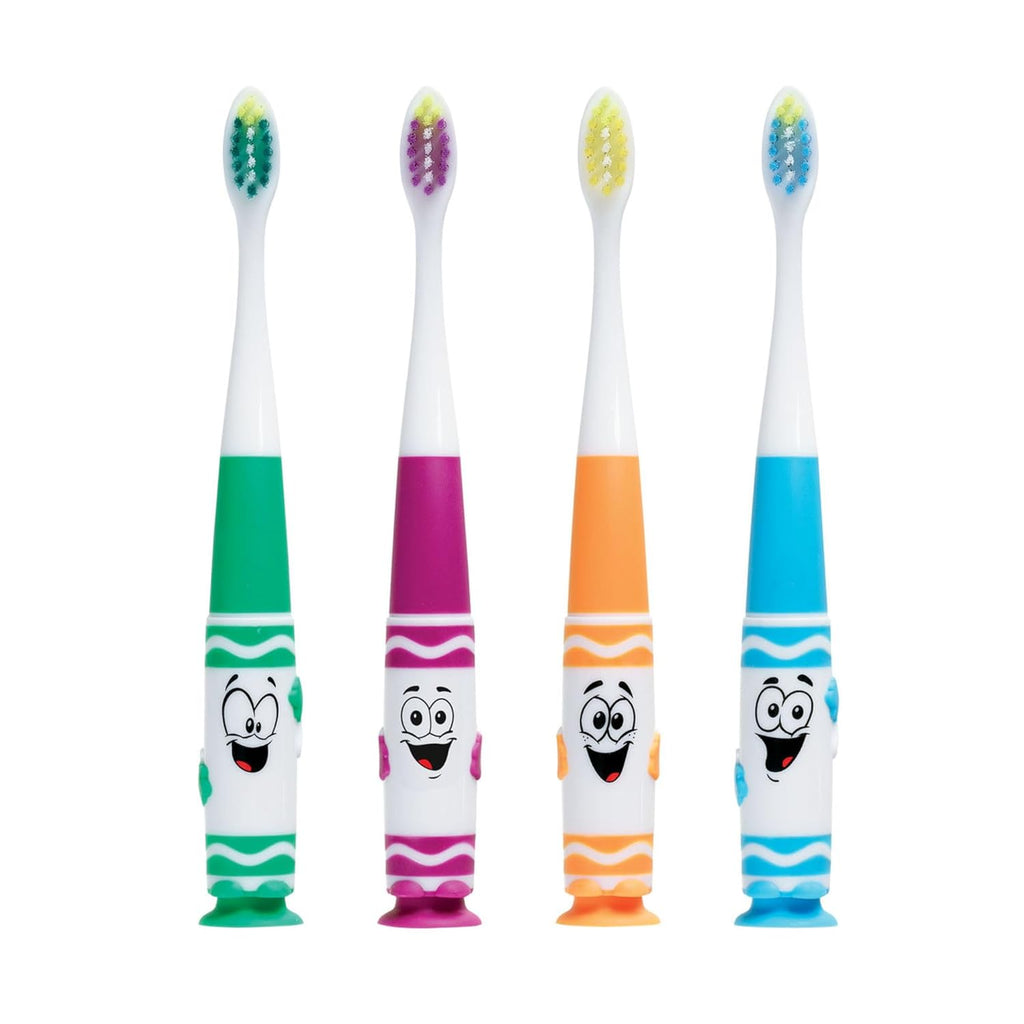 GUM Crayola Pip-Squeaks Kids' Manual Toothbrush, Extra Soft Bristle Toddler Toothbrush for Ages 3+, Suction Cup Base, 1 Count (Pack of 4)