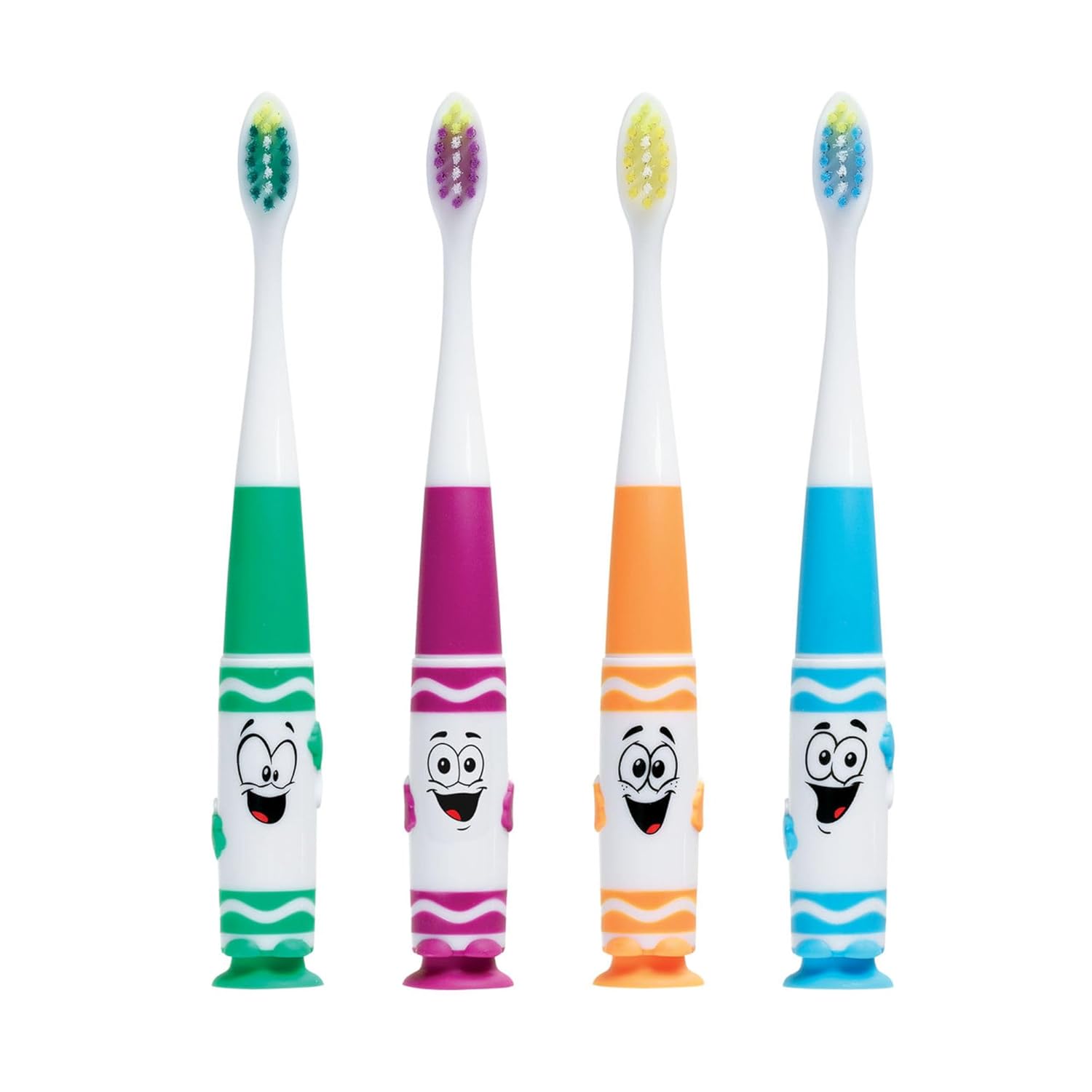 GUM Crayola Pip-Squeaks Kids' Manual Toothbrush, Extra Soft Bristle Toddler Toothbrush for Ages 3+, Suction Cup Base, 1 Count (Pack of 4)