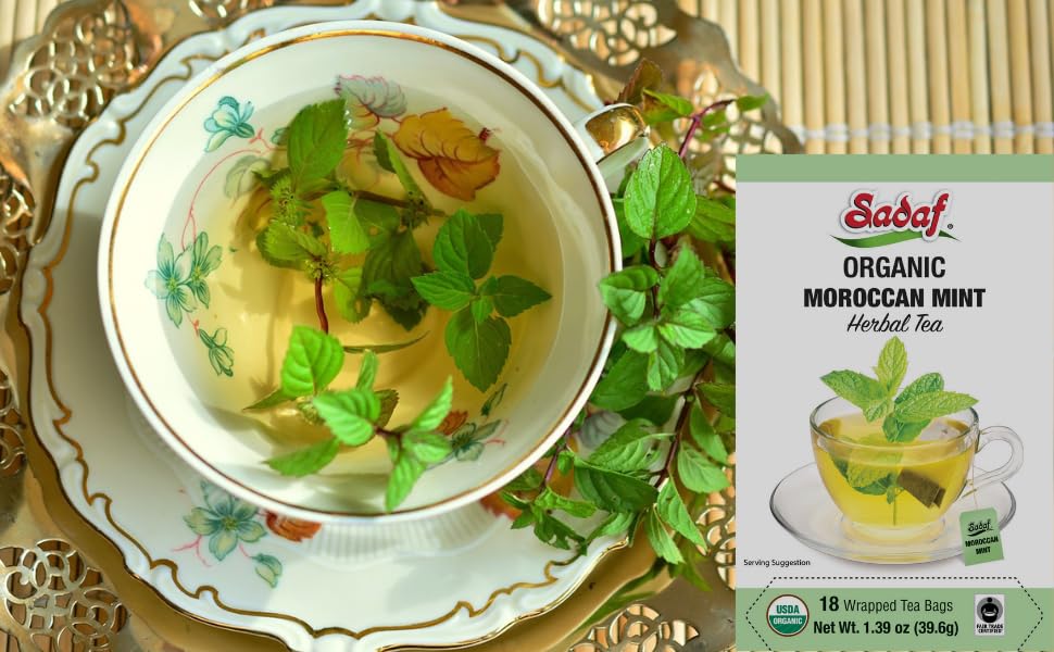 Sadaf Organic Moroccan Mint Tea - Mint Tea Bags - Ideal for Hot or Iced Tea - Organic Herbal Tea - Kosher - 18 Wrapped Tea Bags