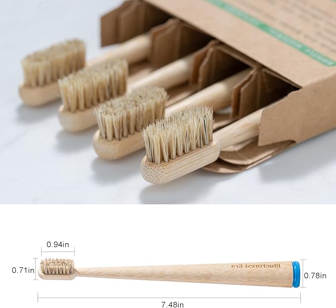 4 Pack Boar Bristles & Bamboo Toothbrush, Premium Natural Boar Bristle Toothbrushes for Adult, Plastic & Nylon Free, Fully Biodegradable Compostable Bamboo Tooth Brushes