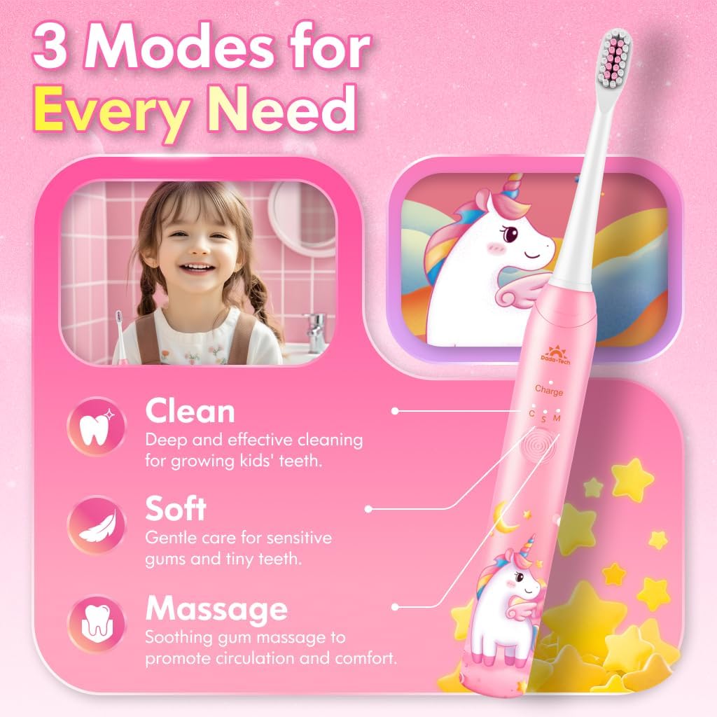Kids Toothbrush Electric Girls Electric Toothbrush Rechargeable Age 3-5-6-12-18 Year Old, 3 Modes 4 Vibrating Heads Habit-Forming Stickers 31000VPM Girls Toothbrush (Unicorn Pink)