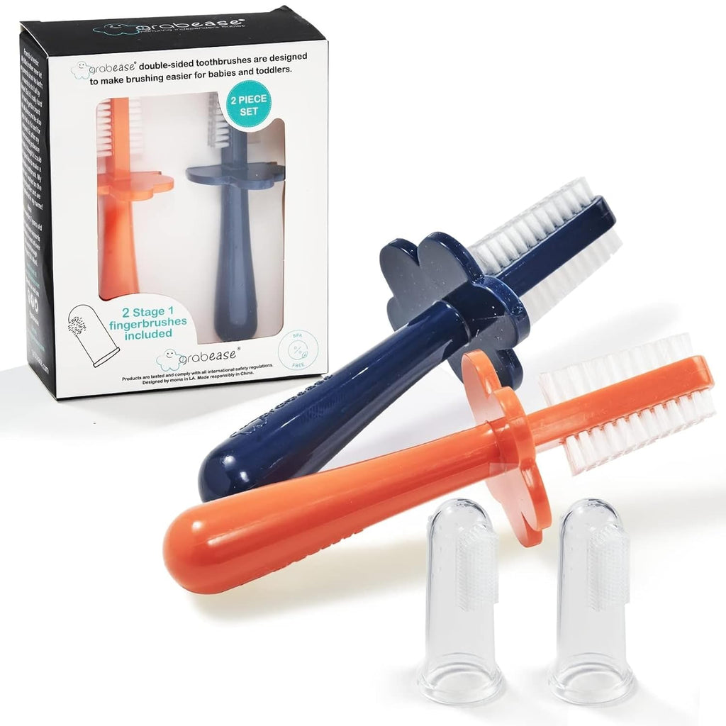 grabease Double-Sided Baby Toothbrush - Silicone Finger Brush for Toddler - Choke Protection Barrier for Babies 12 Months & Up - Dual-Sided Bristles Infant & Toddler Toothbrush - 2-Pack Navy/Orange