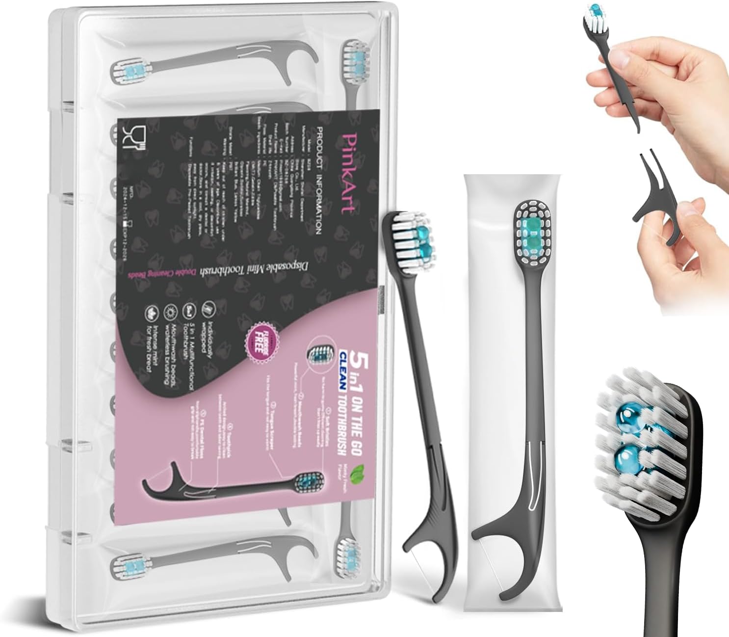 Pinkart 5 in 1 Disposable Toothbrushes with Toothpaste – Individually Wrapped Mini Travel Toothbrushes with Prepasted Toothpaste, Mouthwash Beads, Floss & Tongue Scraper | to-Go Oral Care (12 Count)