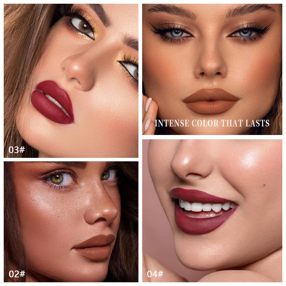 3 Pcs Brown Purple Red Matte Cream Lipstick,Velvet Waterproof Long Lasting Smudge Proof for Women Lip Stick,Magic Lipstick 24 Hours Original Lip Liner Makeup,labiales mate 24 horas originales,Vegan