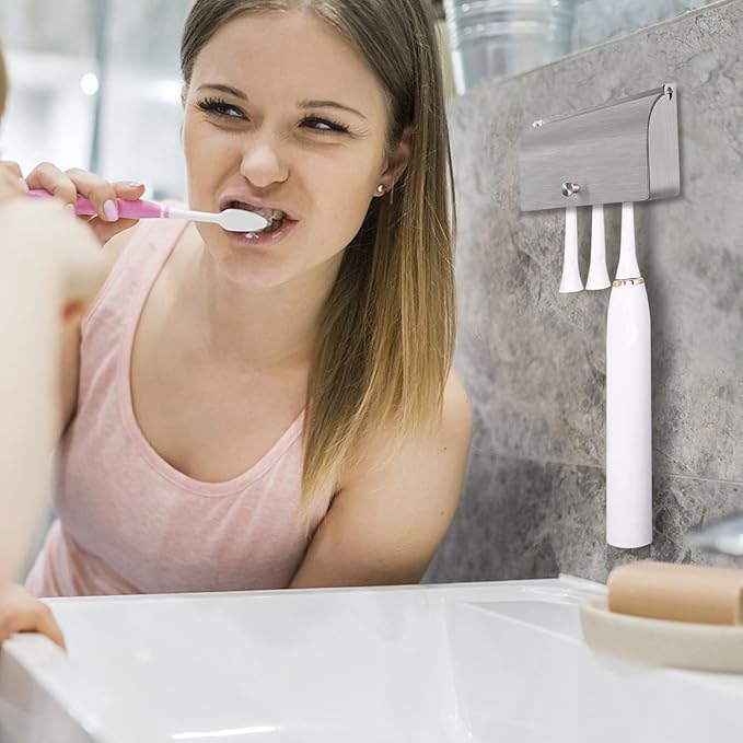6-Slot Stainless Steel Toothbrush Holder with Cover - Wall Mounted, Dustproof, Self-Adhesive, Rustproof Bathroom Organizer for Toothbrush Storage (Silver)