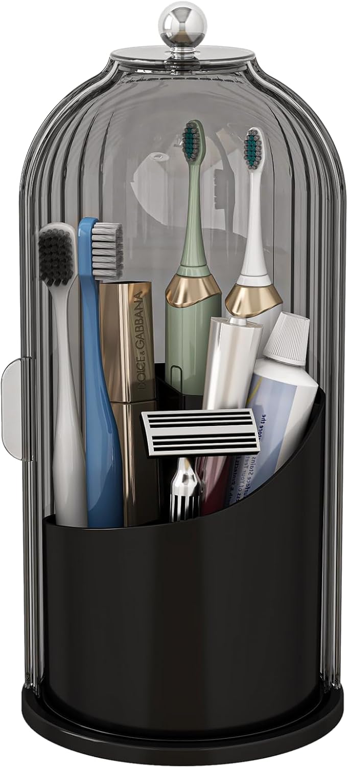 Dustproof Toothbrush Holders with Cover, Rotating Electric Toothbrush and Toothpaste Holder for Bathroom Countertop, 3 Slots Makeup Brushes Organizer, Grey Black