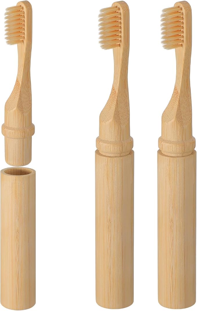 3 Pcs Foldable Bamboo Toothbrush with Soft Bristle Travel Size Toothbrushes with Bamboo Handle Cover Reusable Compact Case for Travel Camping Daily Use