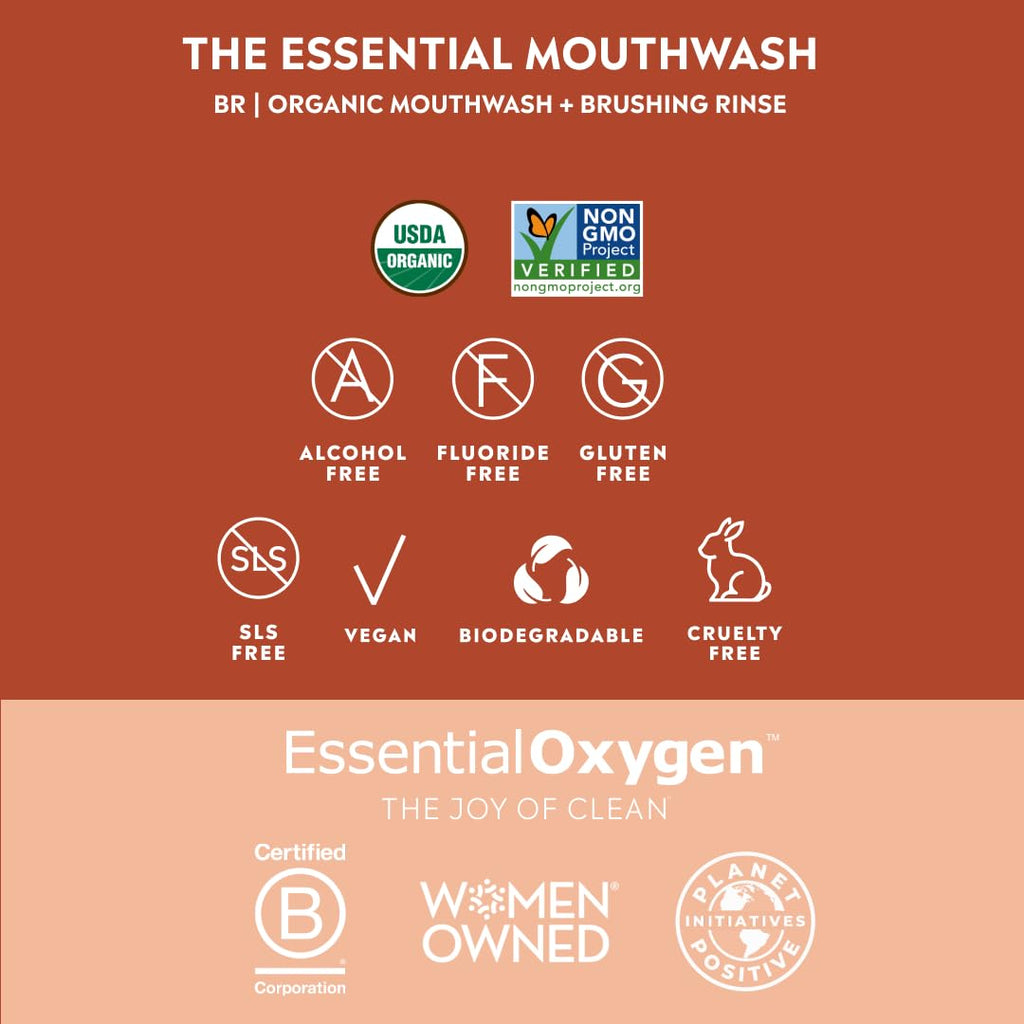 Essential Oxygen, BR Organic Brushing Rinse and Mouthwash, Cinnamint, 32 fl oz, for Whiter Teeth, Fresher Breath and Happier Gums, Alcohol-Free Oral Care (Pack of 1)