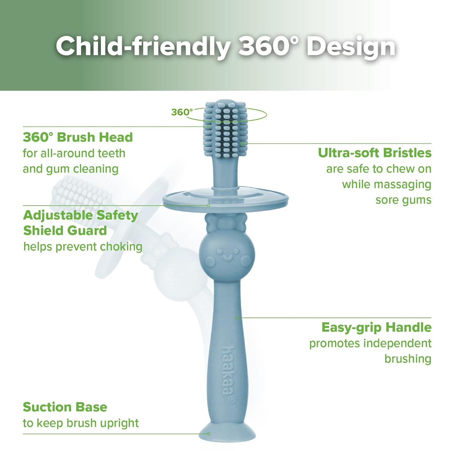 haakaa 360° Baby Toothbrush with Suction Base - Gentle Cleaning for Toddler's Self-Brushing Training, Food-Grade Silicone, Adjustable Safety Shield - Sky Blue (1 Piece)