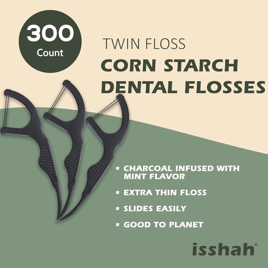 Natural Dental Floss Picks (300 Count) - Kraft Paper Box Packaging, Plant Based, PETA Approved Vegan, Eco Friendly, Sustainable Dental Flossers - Twin Floss (Charcoal)