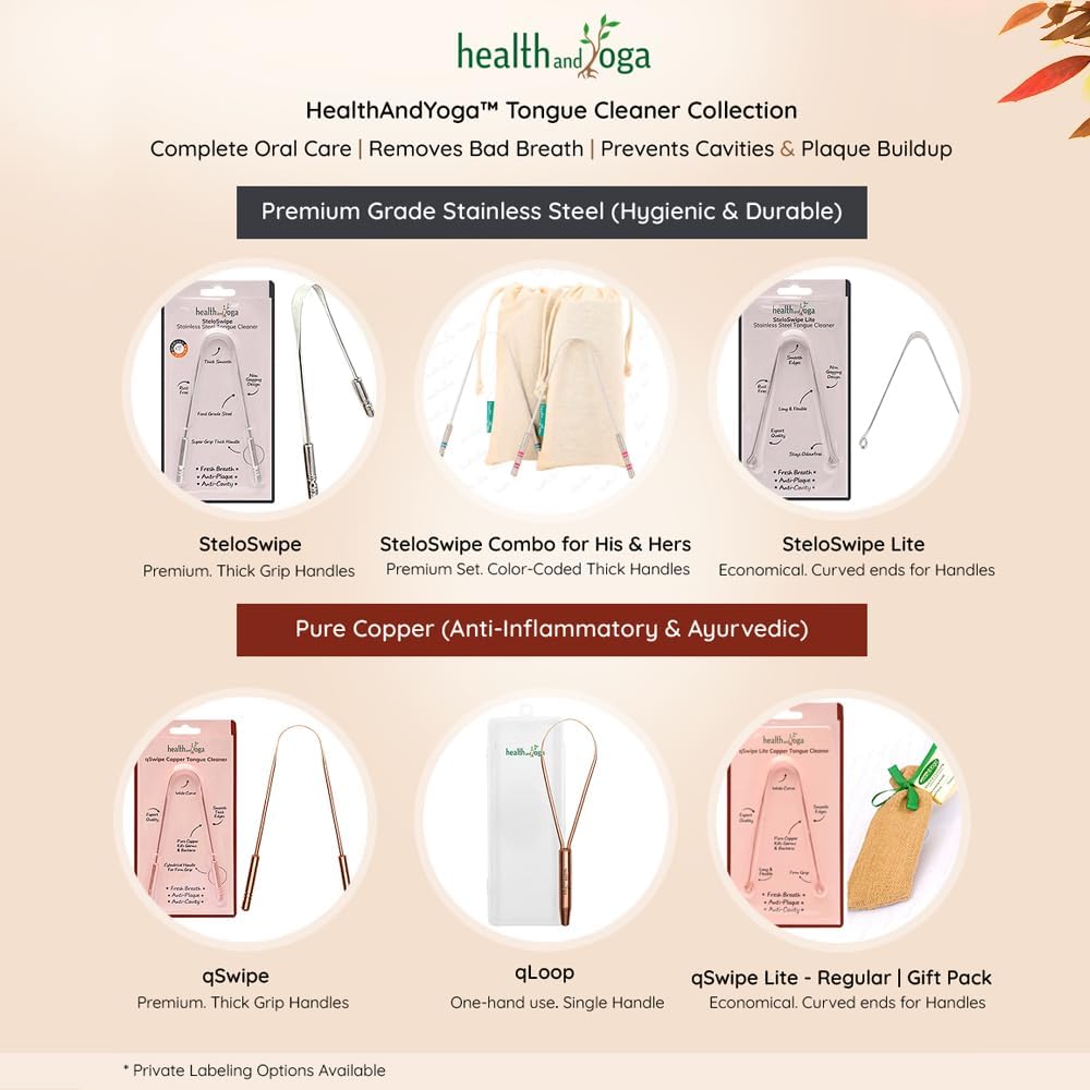 HealthAndYoga™ SteloSwipe Lite Stainless Steel Tongue Cleaners - Disposable Metal Tongue Scrapers Bulk Pack (Pack of 12) - Oral Hygiene Scraper- Prevents Bad breath – Replacement and Gift Pack