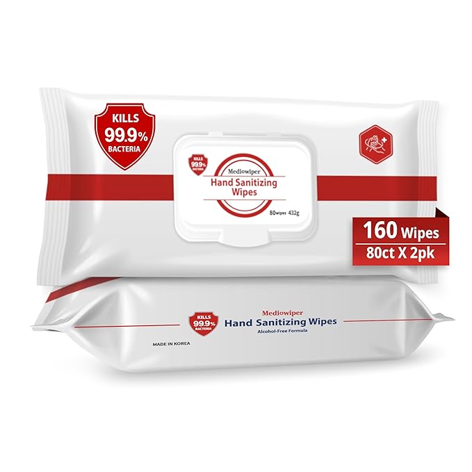 MEDIWIPER 80ct Unscnted Alcohol-Free Hand Sanitizing Wipes, Antibacterial Wet Wipe, Hand Sanitizer (160 Wipes (80 * 2))