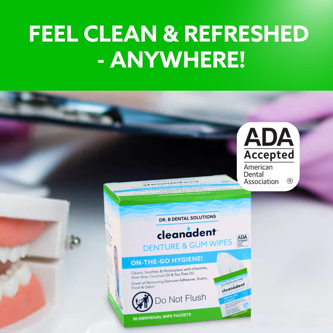 Dr. B Dental Solutions Cleanadent Wipes - Convenient Denture Cleaning Wipes, Refreshes Gums, No Artificial Colors/Flavors - 30 Count