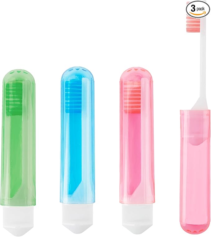 Travel Toothbrush 3Pcs Travel Toothbrush Set Mini Toothbrush Soft Portable Toothbrushes Travels with Tooth Brush Cover Small Folding Toothbrushes Individually Wrapped for Camping Green Blue Pink