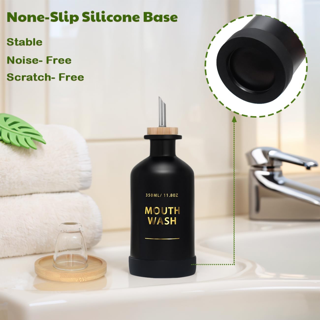 Mouthwash Dispenser for Bathroom 11.8oz – Glass Mouthwash Bottle with Cup & Bamboo Tray, Gold Hot-Stamped Lettering, Silicone Base, Modern Bathroom Accessory (Black)