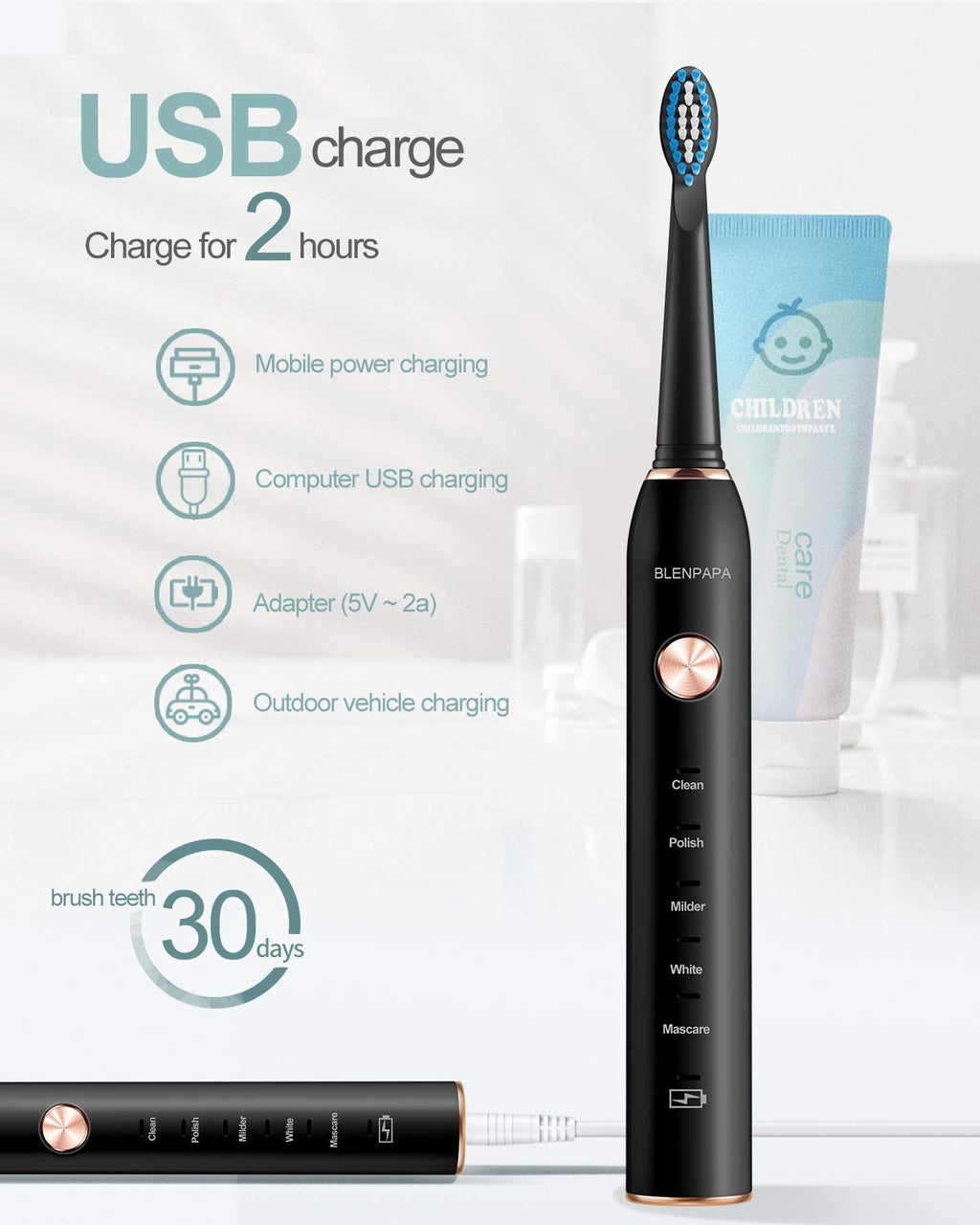 Teeth & Gums Care Electric Toothbrush, IPX7 Waterproof Sonicare 38000VPM, Fast Charge Long Last with Intelligent Time Reminder 5 Optional Modes Dupont Brush Heads, Travel, Indoor, Outdoor, Black