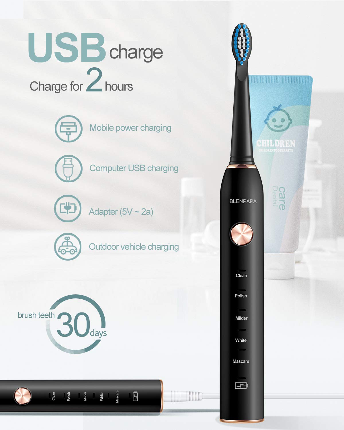 Teeth & Gums Care Electric Toothbrush, IPX7 Waterproof Sonicare 38000VPM, Fast Charge Long Last with Intelligent Time Reminder 5 Optional Modes Dupont Brush Heads, Travel, Indoor, Outdoor, Black