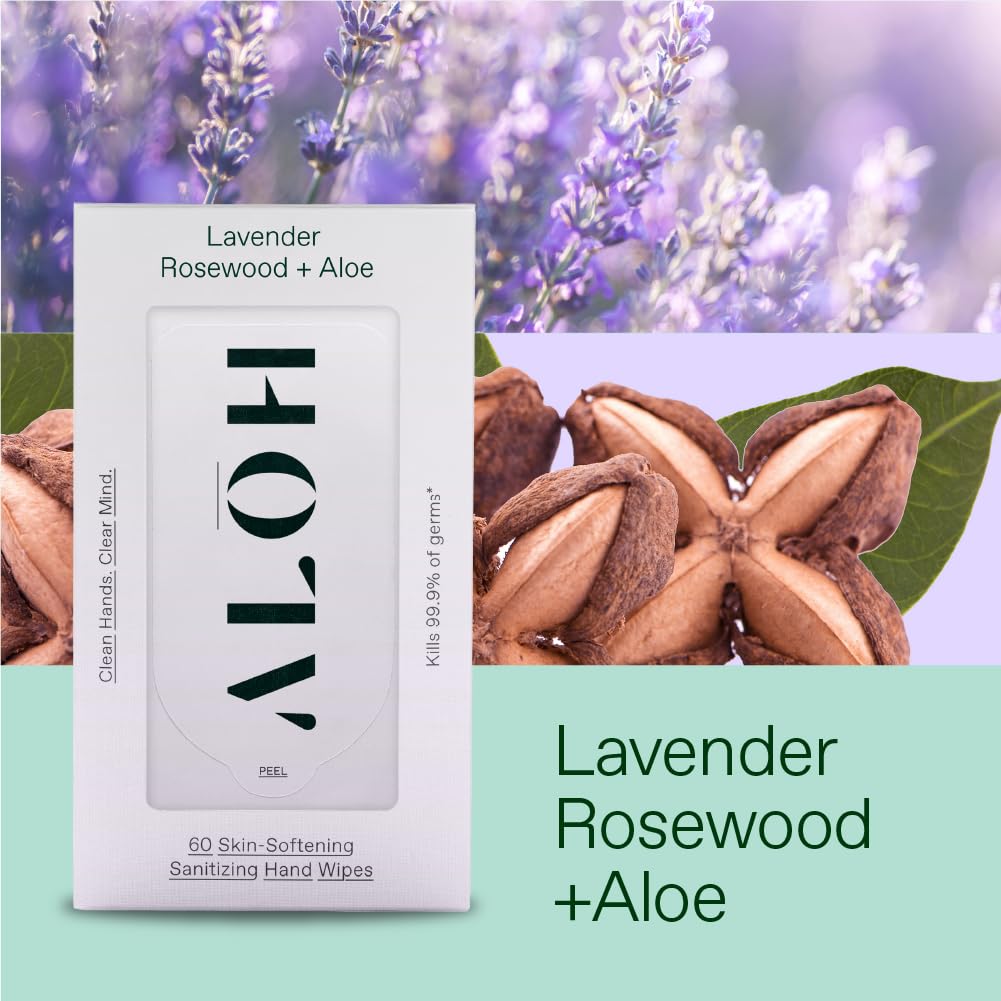 ALOH Antibacterial Wipes – Lavender & Rosewood Sanitizing Hand Wipes - Clean Hands, Clear Minds - On The Go Hand Sanitizer Wipes for Kids and Adults - Travel Size 3 Pack, 20ct Wipes (60 wipes)