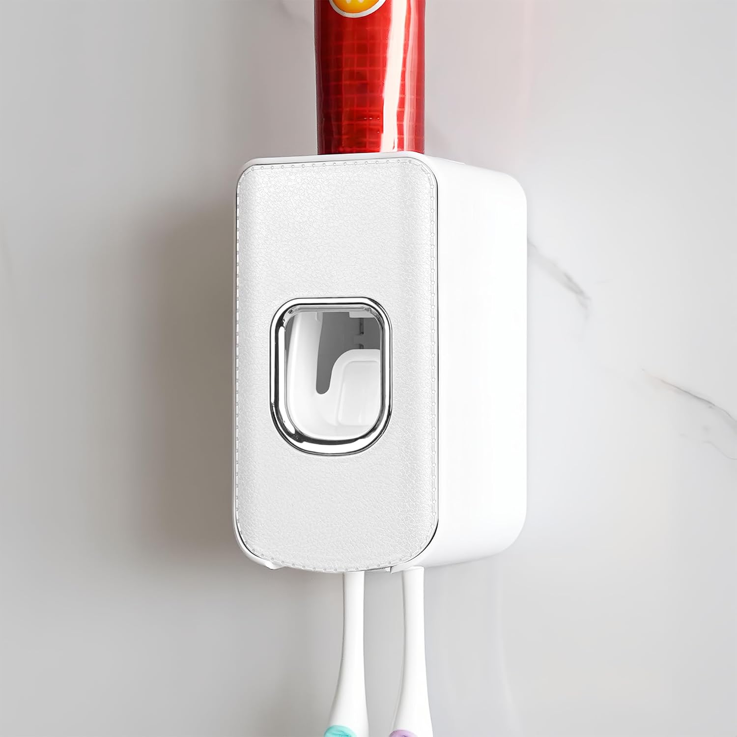 2 Slot Plastic Toothbrush Holder and Toothpaste Dispenser Wall Mounted, Automatic Toothpaste Squeezer, 2 in 1 Tooth Brush Toothpaste Organizer for Shower (White)