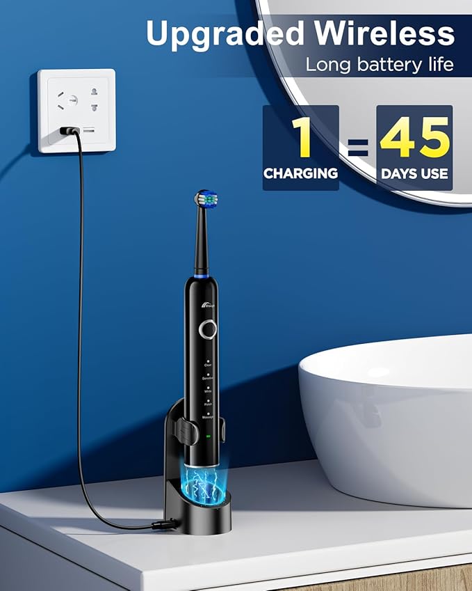 Rtauys Rotating Electric Toothbrush for Adults with 8 Brush Heads (2 Types), 5 Modes Rechargeable Power Toothbrush with Travel Case and 2 Minute Smrte Timer