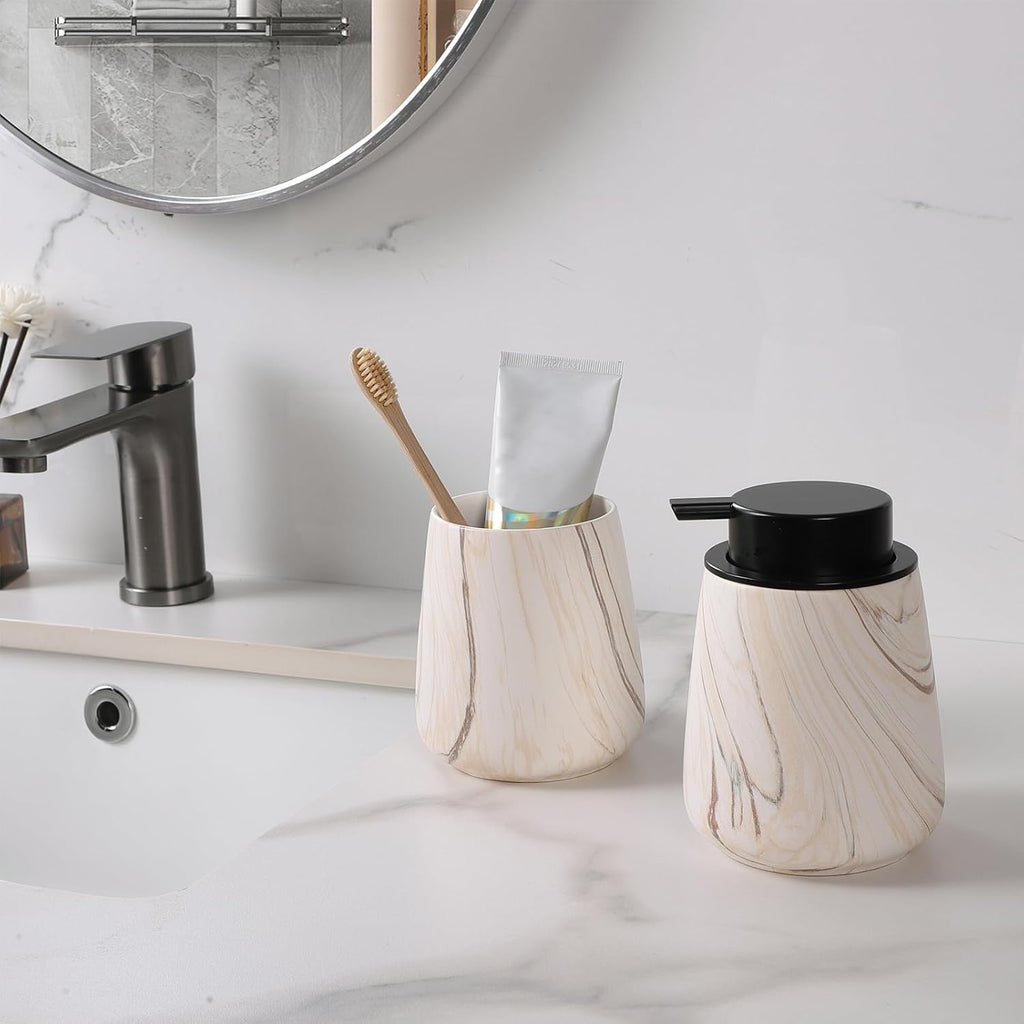 Marble Brown Toothbrush Holder for Bathroom - Ceramic Tooth Brushing Holders, Toothbrush Cup, Toothpaste Organizer for Bathroom Countertop, Makeup Brush Holder, Pen Holder for Home Desktop Storage