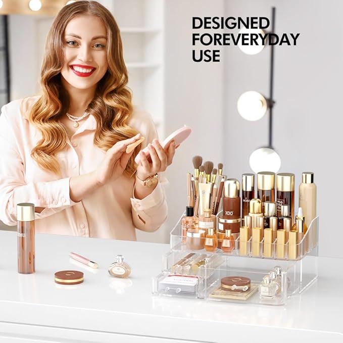 Makeup Organizer for Vanity, Acrylic Large Desk Organizer with Drawers, Ideal Vanity Holder for Cosmetics, Lipsticks, Nail Polish, Skincare, Countertop, Bathroom, Dresser