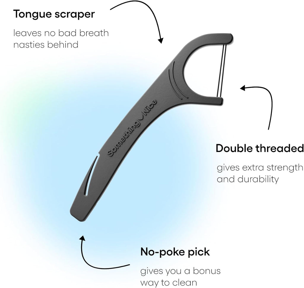 SOMETHING NICE Versa Floss Picks - Minty Fresh Twin Floss for Extra Strength with Mint Flavour - Dental Floss Picks with Tongue Scraper | Flossers with Xylitol for Enhanced Protection 90-Pack