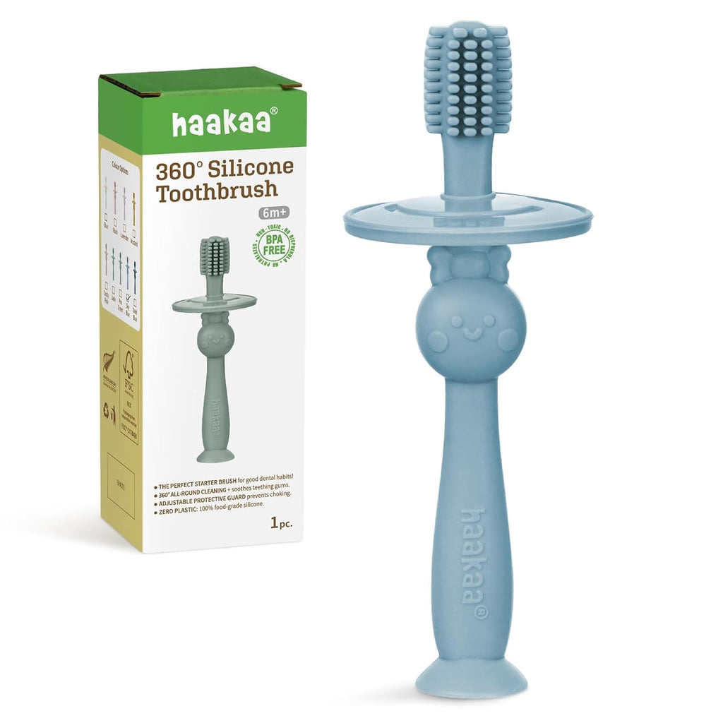haakaa 360° Baby Toothbrush with Suction Base - Gentle Cleaning for Toddler's Self-Brushing Training, Food-Grade Silicone, Adjustable Safety Shield - Sky Blue (1 Piece)