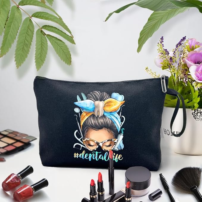 ZHANTUONE Dental Life Black Fun Cosmetic Bag, The Birthday Gift for Dentists, Dental Hygienist Gifts, For Women Dental Hygienist Makeup Bag, Dental Assistant Gifts, Dentist Survival Kit