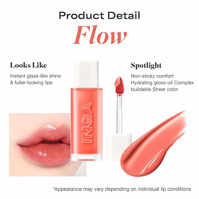 INGA Water Glow Lip Tint | Hydrating, Glossy Korean Lip Tint with Sheer Color & Glass-Like Shine | Long-Lasting, Non-Sticky Korean Lip Stain (FLOW)