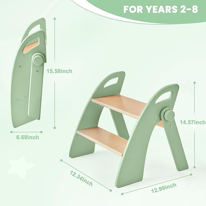 Wooden Step Stool, 300 lb. Load Capacity, with Safety Non-Slip Pads and Handles, Bamboo Step Stool for Bathroom and Kitchen, Gift for Christmas (Green)