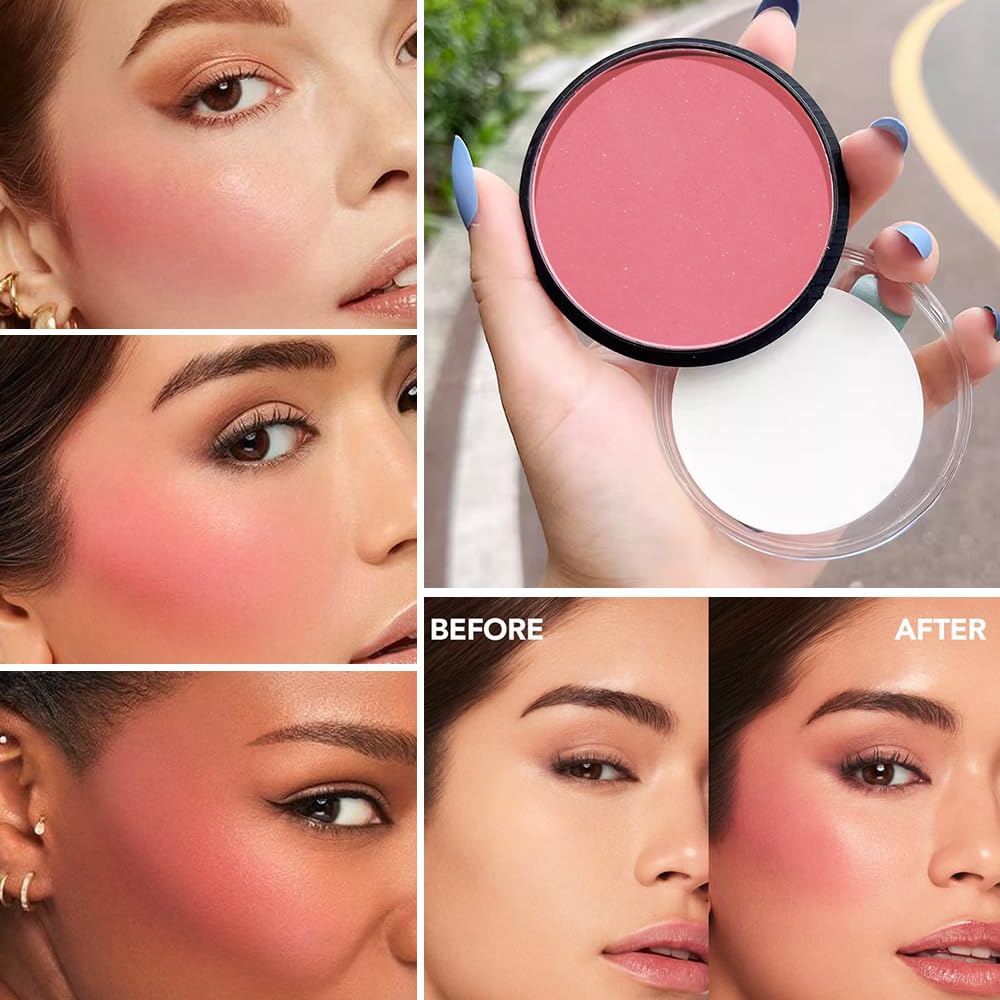 Natural Single Matte for Face Cheeks Blush with Makeup Powder Puff, Warm Orange Red Monochrome Blush Cream Powder Makeup Palette Blushes Long-lasting Blendable Foundation for Women Every Day 04