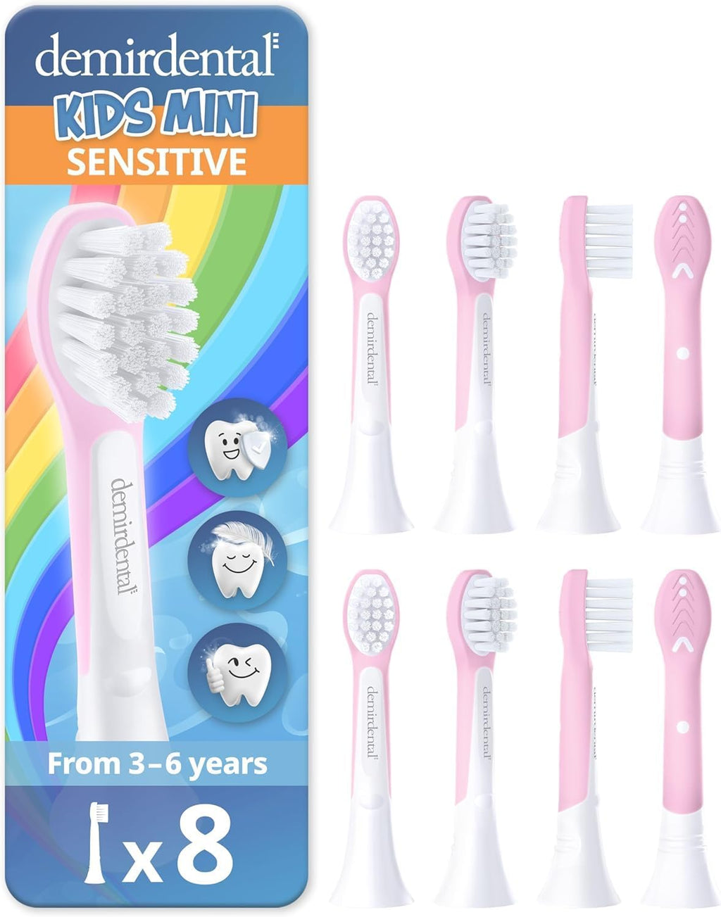 demirdental Kids mini Toothbrush Heads Compatible with Philips Sonicare Kids Toothbrush Heads - Replacement Heads mini Sensitive - Brush Heads mini from Ages 3 to 6 - Pink - Replaces HX6038-8 Pack