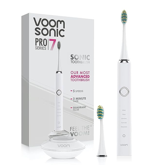 Voom Sonic Pro 7 Rechargeable Electronic Toothbrush + Pro 7 Series Replacement Brush Heads - 2-Minute Timer with Quadrant Pacing & 5 Adjustable Speeds,Soft Dupont Nylon Bristles Oral Care - White