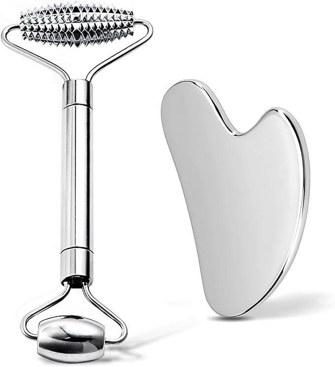 Gua Sha & Face Roller, Stainless Steel Gua Sha Facial Tools for Face, Eyes,Chin & Jawline Sculpting,Body Gua Sha Tools with Pouch
